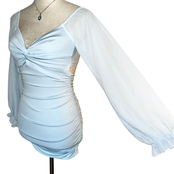 Lucy in the Sky Baby Blue Mesh Sleeve Mini Dress XS | Romantic Pastel Soft Girl - Picture 5 of 8